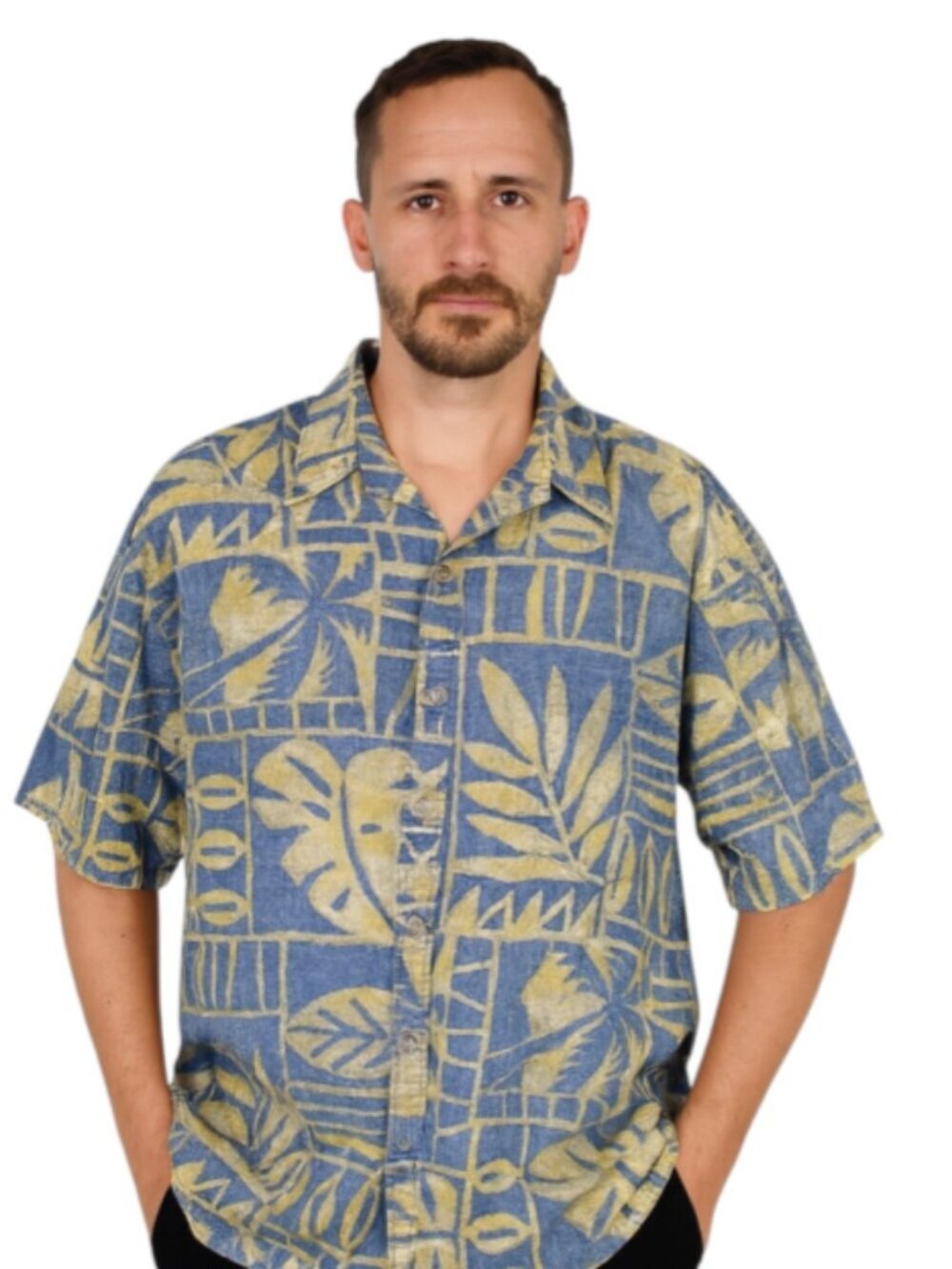Men's X-Large Vintage Hawaiian All Cotton Blue Gold Shirt Cooke Street USA Made - Picture 1 of 13